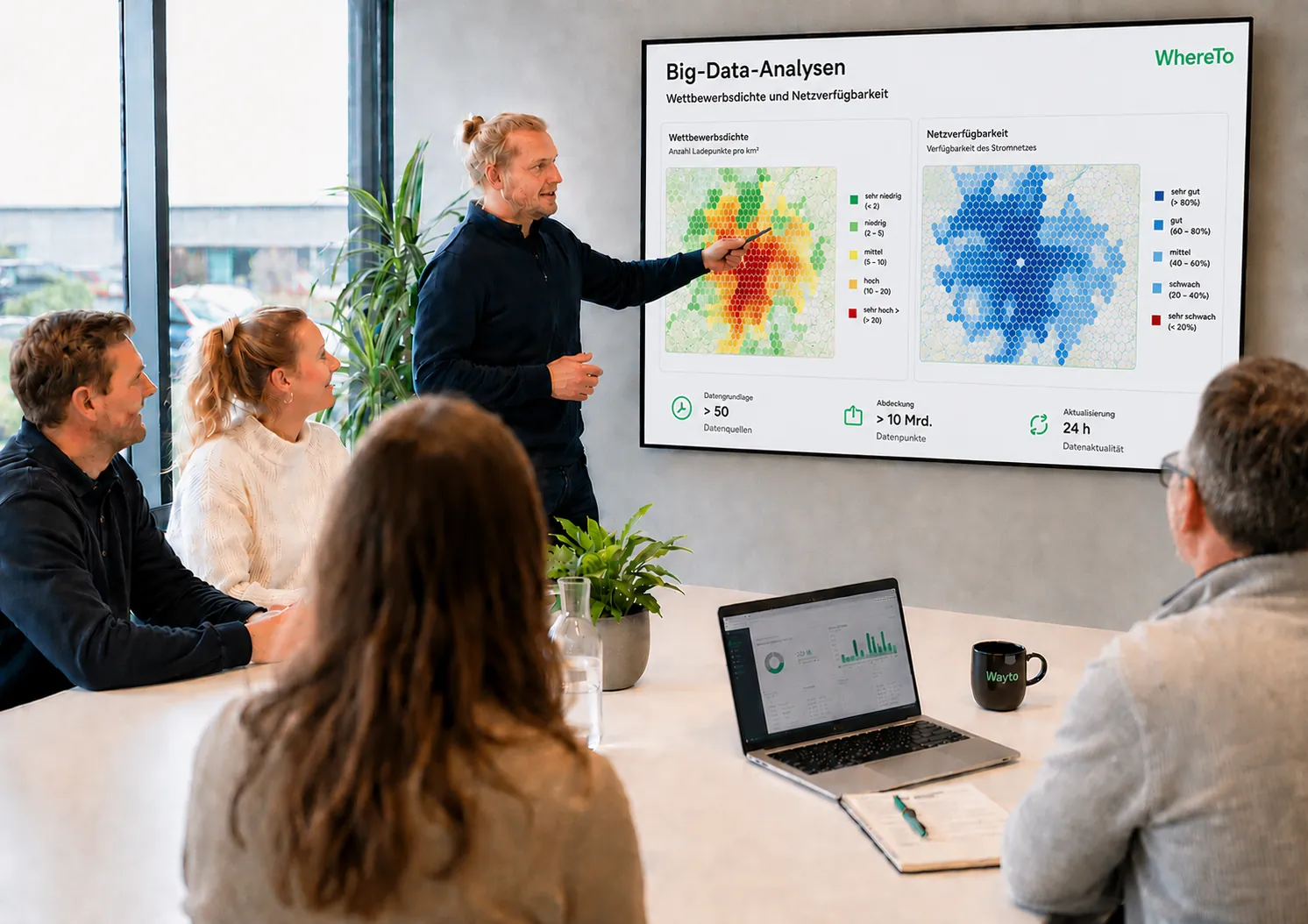 Präsentation einer Big-Data-Analyse zu Wettbewerbsdichte und Netzverfügbarkeit auf einem Bildschirm
