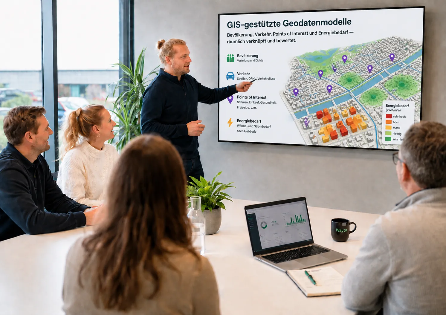 Präsentation eines GIS-gestützten Geodatenmodells auf einem Bildschirm im Besprechungsraum