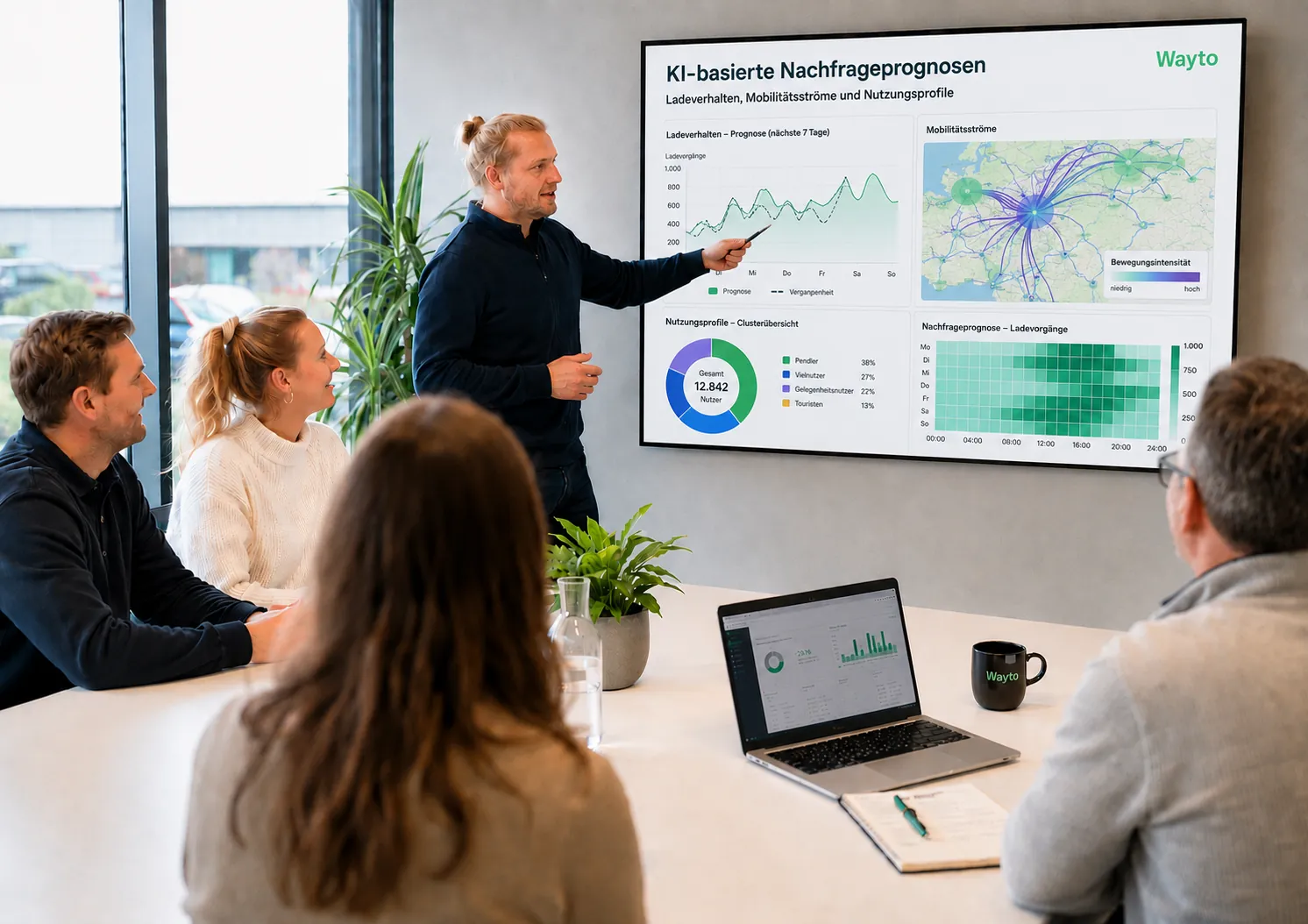 Präsentation KI-basierter Nachfrageprognosen mit Charts und Mobilitätsströmen auf einem Bildschirm